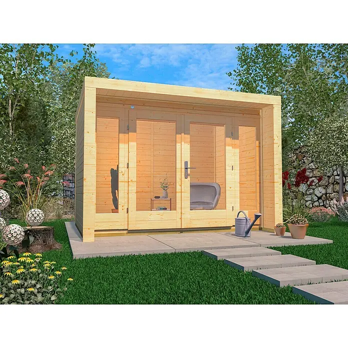 Weka Gartenhaus 263 - Außenmaß inkl. Dachüberstand (B x T): 305 x 250 cm, Holz, Natur, 6,93 m² - Ein modernes Gartenhaus mit Glasfront und Holzbalkenstruktur, umgeben von Grünflächen und dekorativen Elementen.