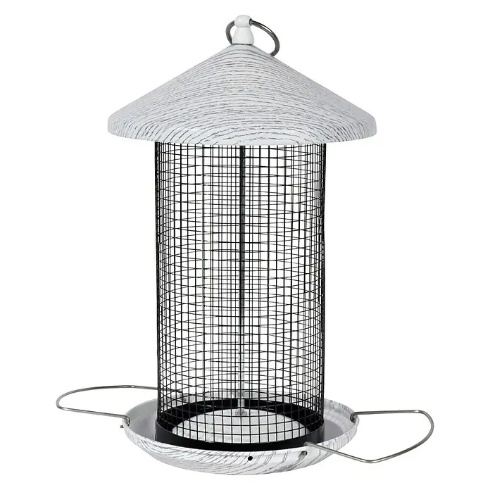 Dobar Futterspender Smooth - L x B x H: 19 x 19 x 31,5 cm, Metall, Mit Silo - Ein detailreiches Bild eines weißen Vogelhauses mit einem Gitterkörper und einer schützenden Dachkonstruktion.