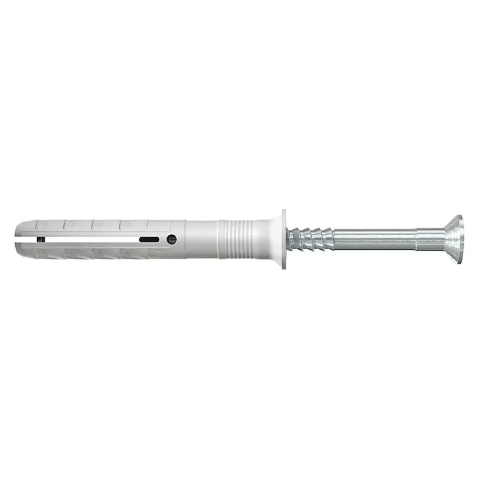 Stabilit Schlagdübel - Ø x L: 8 x 80 mm, Geeignet für: Vollbaustoffe & Mauerwerk, 50 Stk. - Eine Nahaufnahme eines Fischer UX-Universalrahmendübels mit Schraube vor einem schwarzen Hintergrund.
