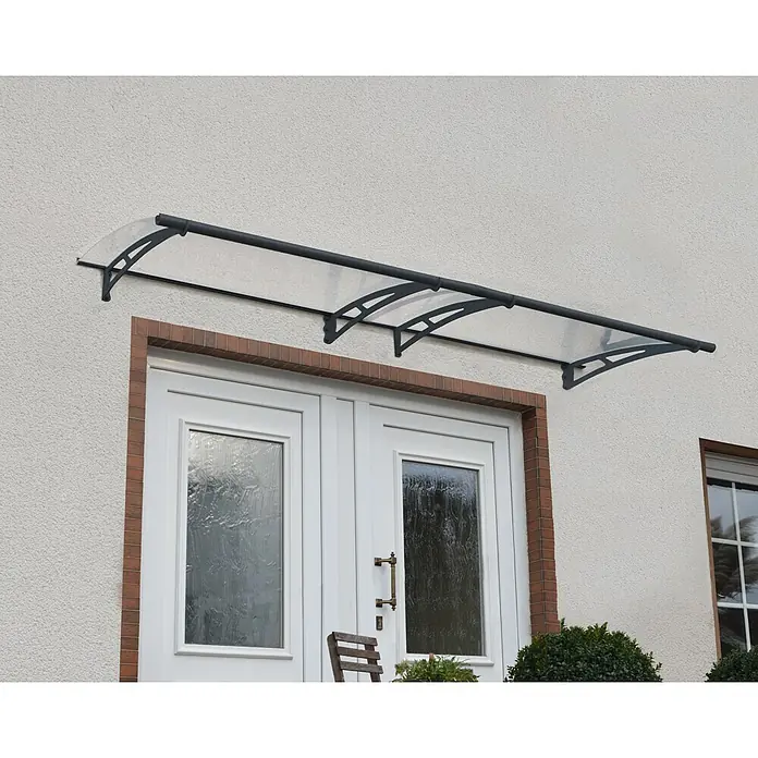Palram – Canopia Marquesina para puerta Aquila - 302 x 91,5 x 17,5 cm, Gris antracita, Color del techo: Claro - Un moderno dosel para puerta de entrada con toldo transparente y marco negro, que brinda protección y estilo.