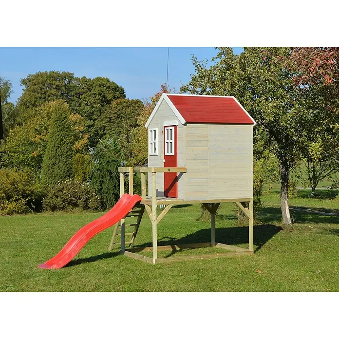 Wendi Toys Spielhaus Tiger - Glas, Natur/Rot - Ein hölzernes Spielhaus mit rotem Dach und Rutsche im Garten, ideal für Kinder zum Spielen und Spaß haben im Freien.
