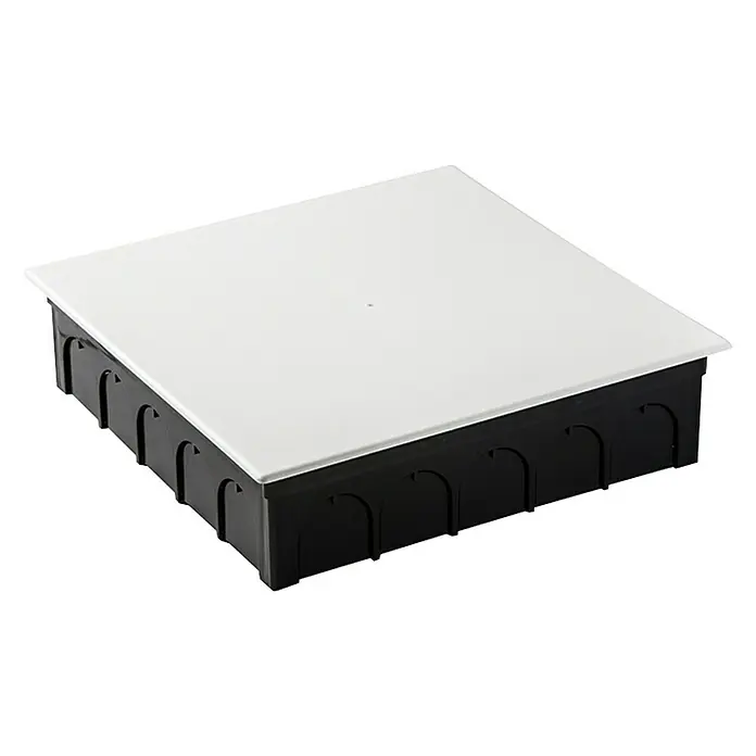 Famatel Caja de empotrar con tapa - 25 cm x 25 cm x 65 mm, Empotrado, Blanco - Caja de suelo rectangular con tapa blanca y cuerpo negro, ideal para usar en oficinas o locales comerciales para una fácil gestión de cables.