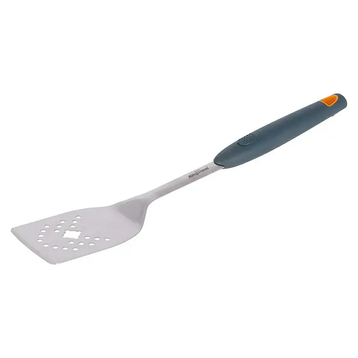 Kingstone Grillbesteck 3 in 1 - 2 -tlg. - Ein grauer Grillwender der Marke Kingstone mit orangenen Details, perfekt zum Wenden von Grillgut. Erleichtert das Grillen durch seine Form und Löcher.