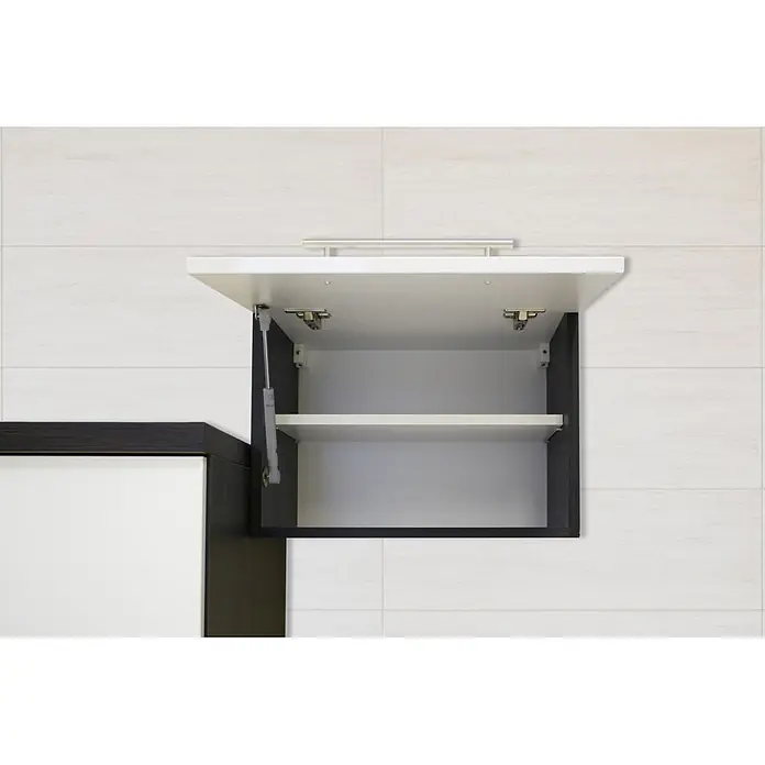 Respekta Premium Küchenzeile RP300EWCBO - Breite: 300 cm, Weiß, Mit Elektrogeräten - Ein offener, an der Wand montierter Küchenschrank mit einer weißen Tür und einem internen Regal zur Aufbewahrung.