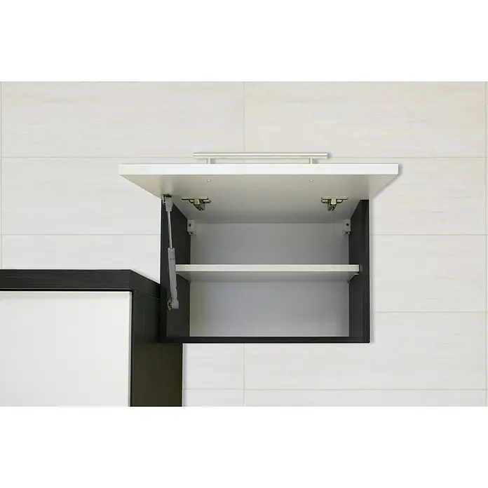 Respekta Premium Küchenzeile RP300EWCBO - Breite: 300 cm, Weiß, Mit Elektrogeräten - Ein offener, an der Wand montierter Küchenschrank mit einer weißen Tür und einem internen Regal zur Aufbewahrung.