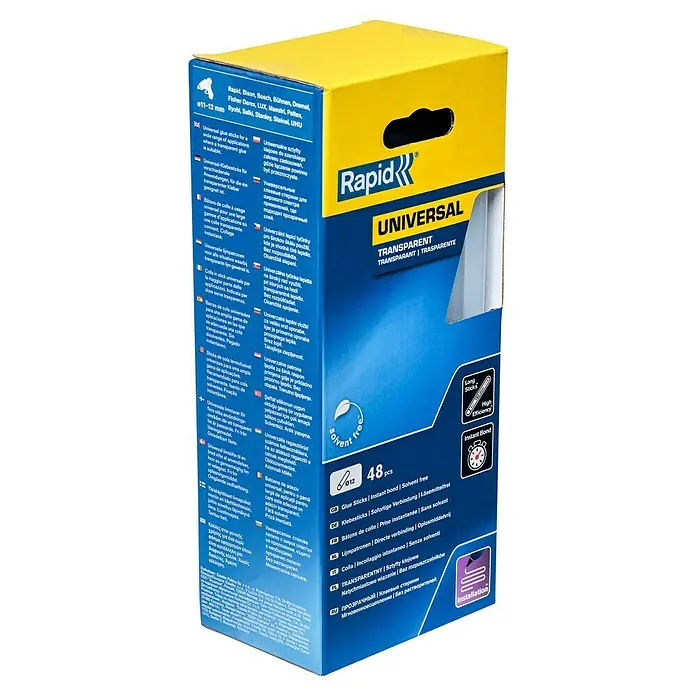 Rapid Klebepatronen Universal - Durchmesser Klebepatrone: 12 mm, Länge Klebepatronen: 190 mm, Anzahl Klebepatronen: 48 Stk. - Rapid Universal Klebestifte, transparent, für vielseitige Anwendungen, 48 Stück, lösungsmittelfrei und mit starker Sofortverbindung.