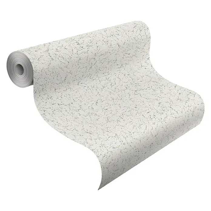 Rasch Papiertapete Struktur - Weiß, Uni, 10,05 x 0,53 m - Eine Rolle Tapete mit einem abstrakten, marmorierten Muster in Grau und Weiß, die eine elegante und moderne Wandgestaltung ermöglicht.