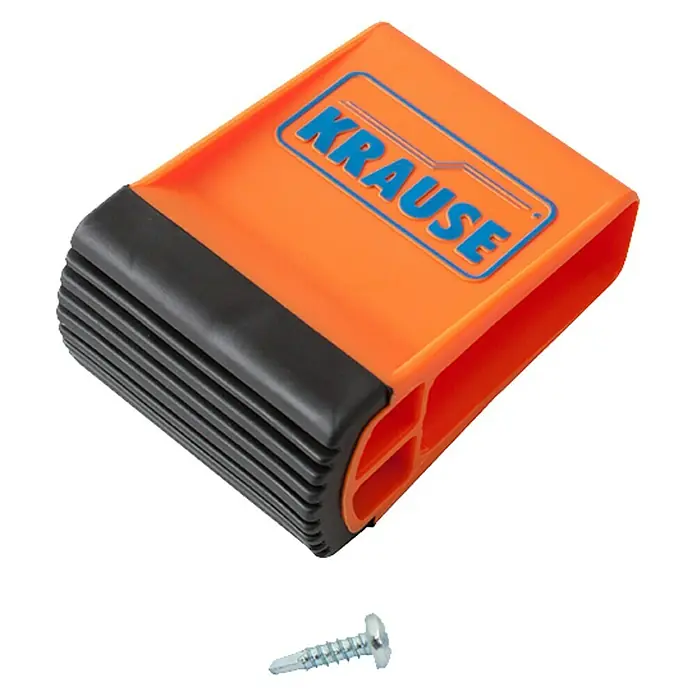 Krause Monto Traversenfußkappe - Kunststoff - Krause Anlegeklotz mit Schraube. Der Anlegeklotz ist orange mit schwarzem, geriffeltem Ende und blauem "Krause"-Logo.