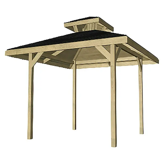 Weka Pavillon 651 - 3,8 x 3,8 m, Fichte - Abbildung eines Pavillons mit Holzrahmen und dunklem Dach, ideal für Gärten und Terrassen.
