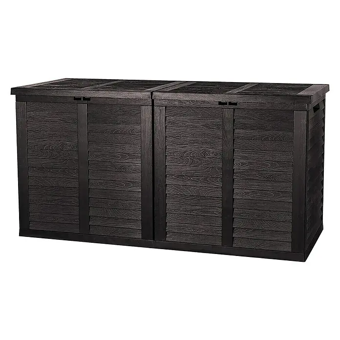 Jelenia Plast Arcón para cojines de exterior Viena - L x An x Al: 155 x 66 x 80 cm, Plástico, Antracita - Imagen de una caja de almacenamiento negra con aspecto de madera. La caja de almacenamiento exterior es ideal para guardar herramientas de jardín.