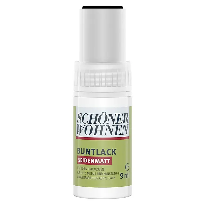 SCHÖNER WOHNEN-Farbe Home Lackstift - Schwarz, 9 ml, Seidenmatt, Wasserbasiert - Nahaufnahme einer Flasche Schöner Wohnen Buntlack Seidenmatt Lack, geeignet für Holz, Metall und Kunststoff, mit 9 ml Inhalt.