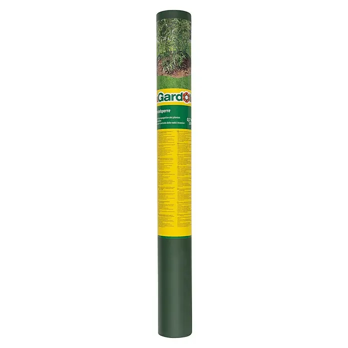 Gardol Premium Wurzelsperre - Polypropylen, 3 x 0,7 m - Gardol Wurzelsperre, ein grüner Zylinder mit gelbem Etikett, das Informationen über das Produkt enthält.