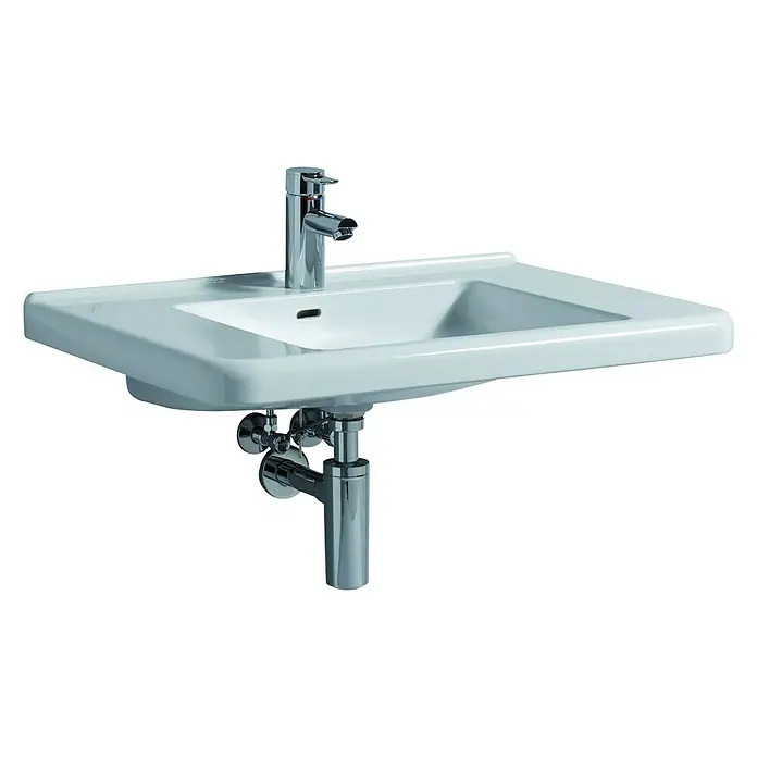Geberit Renova Comfort Waschtisch - 75 x 55 cm, Ohne Spezialglasur, Hahnloch: Mitte, Mit Überlauf, Weiß - Nahaufnahme eines weissen Waschbeckens mit glänzendem Chromhahn und Rohrleitungen, perfekt für moderne Badezimmerdesigns.