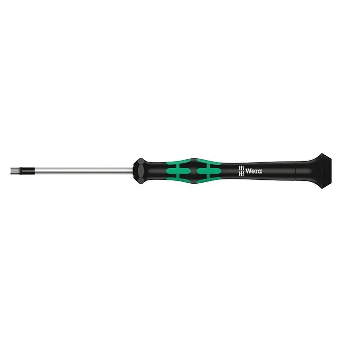 Wera Elektriker-Schraubendreher Kraftform Micro 2054 - Hex-Plus 2,0, 60 mm - Wera Schraubendreher mit einem schwarzen Griff und grünen Akzenten, ein Werkzeug für präzise Schraubarbeiten.