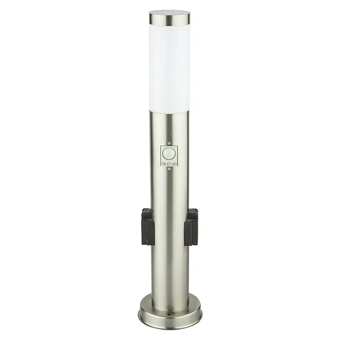 Globo Boston Lámpara de pie para exterior - Altura: 60 cm, Diámetro: 13,1 cm, Detector de movimiento, IP44, Plata - Una moderna luz de bolardo de acero inoxidable con sensor de movimiento y cubierta de lámpara cilíndrica.