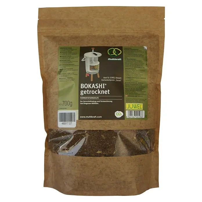 Juwel Kompostbeschleuniger Fermentationshilfe Bokashi - 700 g - Bild eines Beutels Bokashi getrocknet, Fermentationshilfe für die Geruchsbindung und Fermentierung von Bioabfällen.