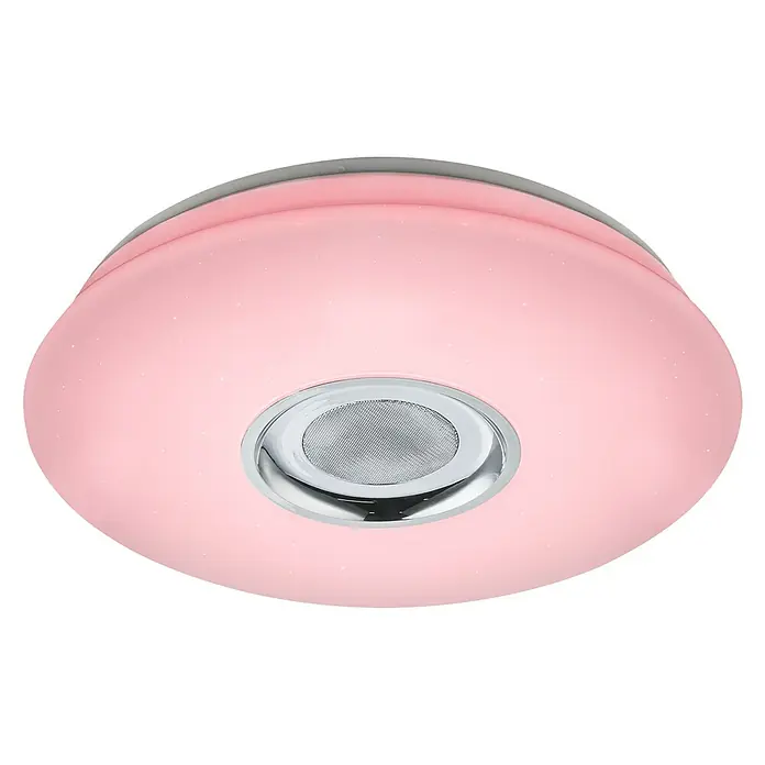 Globo LED-Deckenleuchte Nicole - 18 W, Opal, Weiß, Tageslichtweiß - Nahaufnahme einer rosafarbenen Deckenleuchte mit einem silbernen Lautsprecher in der Mitte, die ein modernes und stilvolles Design zeigt.