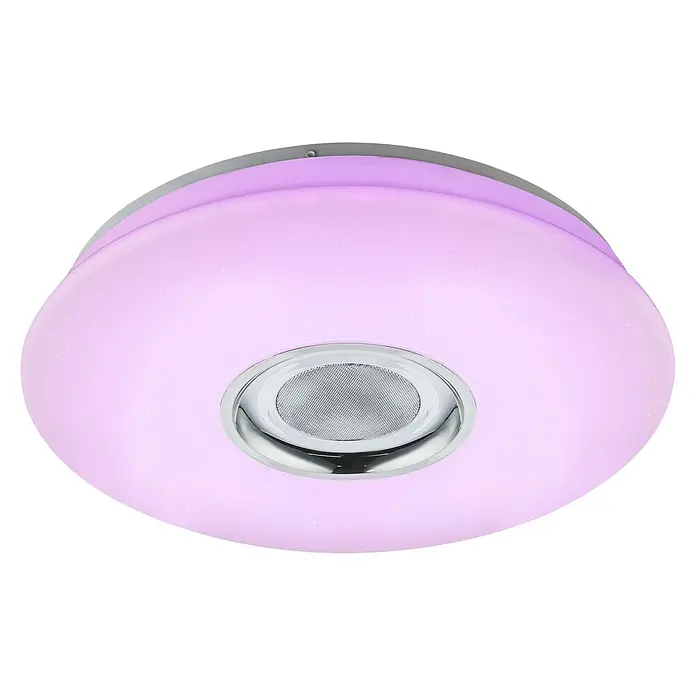 Globo LED-Deckenleuchte Nicole - 18 W, Opal, Weiß, Tageslichtweiß - Nahaufnahme einer modernen, runden Deckenleuchte mit farbwechselnder LED-Beleuchtung und integriertem Lautsprecher für stilvolle Akzente.