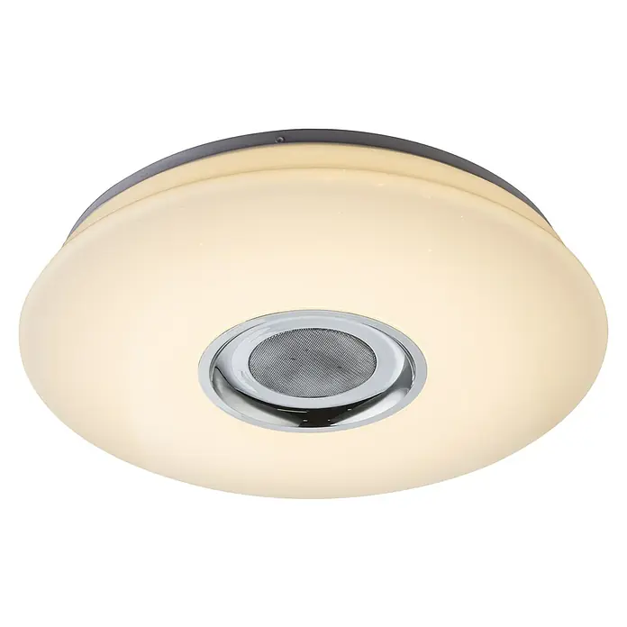 Globo LED-Deckenleuchte Nicole - 18 W, Opal, Weiß, Tageslichtweiß - Nahaufnahme einer runden Deckenleuchte mit integriertem Lautsprecher. Das Licht ist warmweiß und der Lautsprecher hat eine silberne Umrandung.