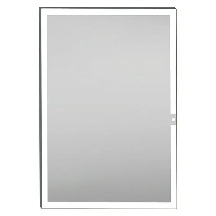Camargue Espejo con luz Eyra - An x Al: 60 x 80 cm, Negro - Primer plano de un espejo rectangular iluminado con LED con marco oscuro, perfecto para baños modernos. Diseño elegante con iluminación amplia.