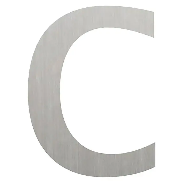 Etiqueta adhesiva troquelada 10 cm - C, Plástico, Plateado, Autoadhesivo - La imagen muestra una "C" grande de color plateado, con un aspecto minimalista y moderno. Ideal para letreros o fines decorativos.