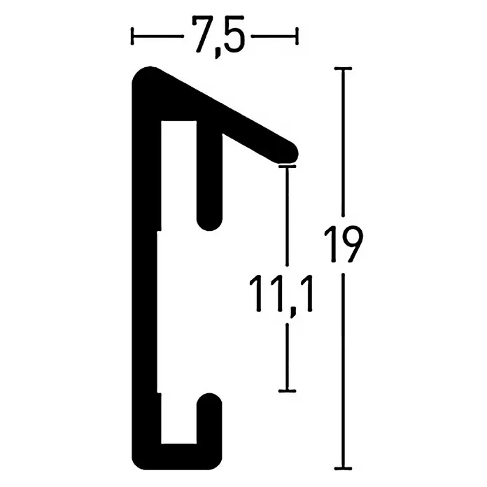 Collagerahmen Pixel - Anzahl Fotoplatzhalter: 18 Stk., Silber, Glas - Profilzeichnung eines Kantenschutzprofils mit den Maßen 7,5 mm Breite und 19 mm Höhe, ideal für Möbel und Kanten.