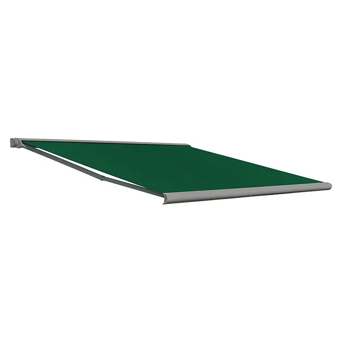 Deyo Limassol Vollkassettenmarkise - Grün, Farbe Gestell: Weißaluminium Feinstruktur, Breite: 4 m, Ausfall: 3,5 m - Eine stilvolle, grüne Markise mit grauem Rahmen. Ideal für Sonnenschutz und zur Aufwertung des Außenbereichs.