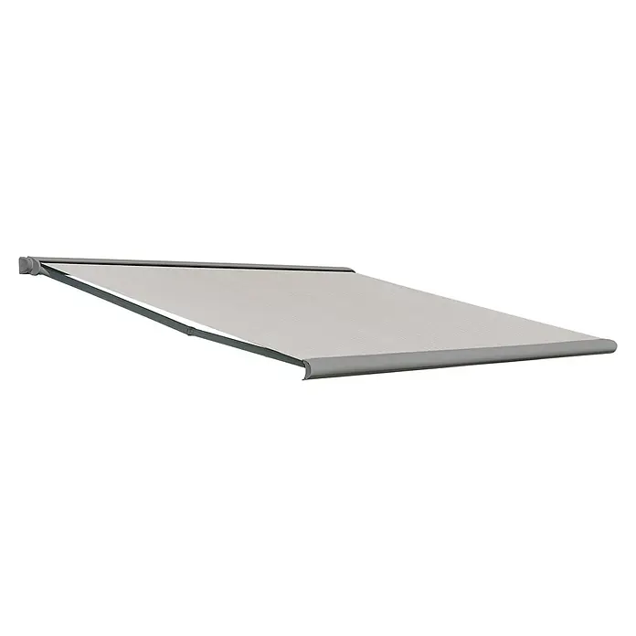 Deyo Limassol Vollkassettenmarkise - Beige Struktur, Farbe Gestell: Weißaluminium Feinstruktur, Breite: 5,5 m, Ausfall: 3,5 m - Hier ist eine Markise in Grau, die sich ideal für den Sonnenschutz im Freien eignet und ein angenehmes Ambiente schafft.\n