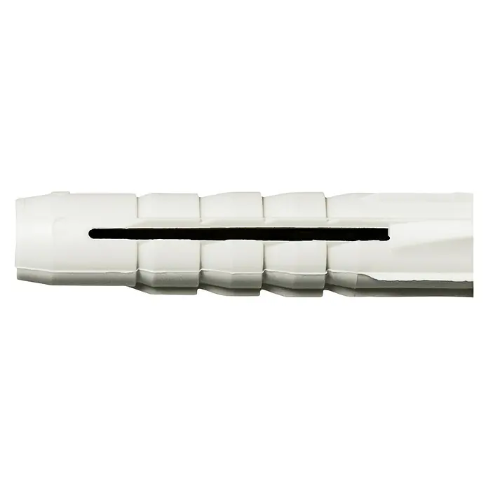 Stabilit Universal-Dübel - Durchmesser Dübel: 12 mm, Länge Dübel: 60 mm, Geeignet für: Vollbaustoffe, 25 Stk. - Nahaufnahme eines weißen Spreizdübels mit geriffeltem Design und einem länglichen Schlitz in der Mitte, der ein Befestigungselement darstellt.