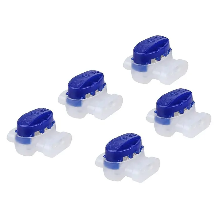 Worx Kabelverbinder für Mähroboter WA0198 - WORX Mähroboter, 5 Stk. - Nahaufnahme von fünf blauen und weißen Kabelverbindern, die auf einem weißen Hintergrund angeordnet sind.