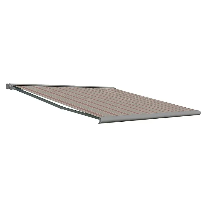 Deyo Limassol Vollkassettenmarkise - Grau/Bordeaux/Weiß, Farbe Gestell: Weißaluminium Feinstruktur, Breite: 4 m, Ausfall: 3,5 m - Detailansicht einer eleganten Markise mit Streifenmuster, ideal für den Sonnenschutz auf Terrassen und Balkonen. Hochwertige Konstruktion für langlebigen Einsatz.