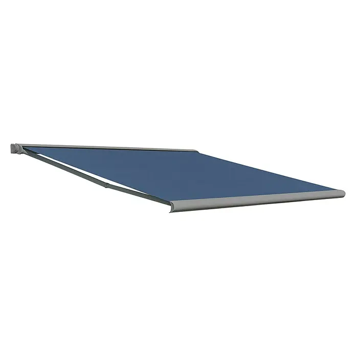 Deyo Limassol Vollkassettenmarkise - Blau, Farbe Gestell: Weißaluminium Feinstruktur, Breite: 5,5 m, Ausfall: 3,5 m - Nahaufnahme einer stilvollen, blauen Markise. Ideal für den Sonnenschutz und zur Aufwertung von Außenbereichen mit ihrem modernen Design.