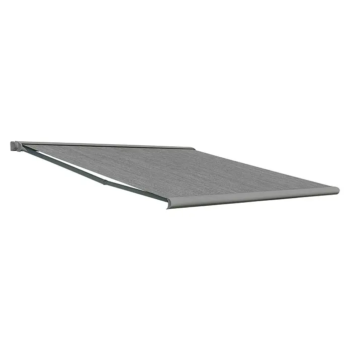 Deyo Limassol Vollkassettenmarkise - Grau, Farbe Gestell: Weißaluminium Feinstruktur, Breite: 4 m, Ausfall: 3,5 m - Graue Markise für den Außenbereich, ideal zum Schutz vor Sonne und zur Verschönerung von Terrassen und Gärten. Mit stilvollem Design.