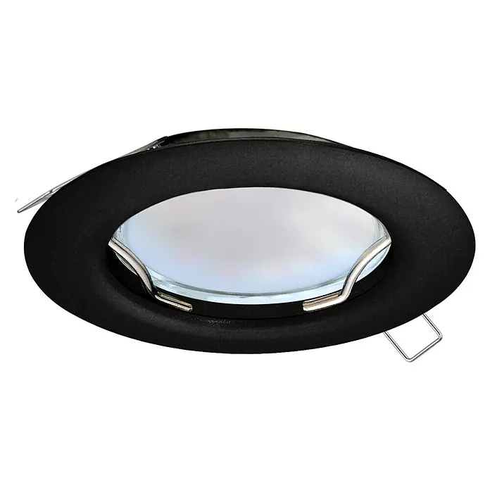 Eglo LED-Einbauleuchte PENETO - Warmweiß, Durchmesser: 7,8 cm, 1 Stk. - Nahaufnahme einer schwarzen LED-Einbauleuchte mit silbernen Befestigungsclips. Die Leuchte hat ein modernes Design und strahlt helles Licht aus.