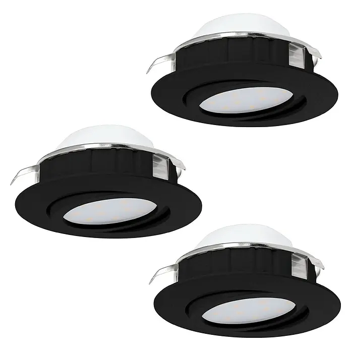 Eglo LED-Einbauleuchte PINEDA - Warmweiß, Durchmesser: 8,4 cm, Schwarz, 3 Stk. - Nahaufnahme von drei versenkten LED-Downlights mit schwarzer Blende und weißem Diffusor, die modernes Design und effiziente Beleuchtung zeigen.