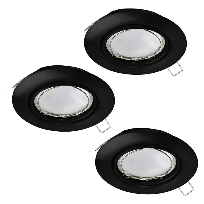 Eglo LED-Einbauleuchte PENETO - Warmweiß, Durchmesser: 8,7 cm, 3 Stk. - Drei schwarze LED-Einbaustrahler mit Metalleinfassung und glänzendem, rundem Design zur modernen Beleuchtung von Innenräumen.