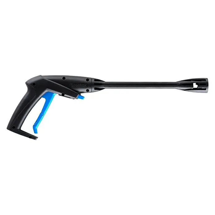 Nilfisk Pistola de alta presión G1 - Específico para: Nilfisk Compact C 100 y 125 - Primer plano de una pistola de limpieza de alta presión Nilfisk con gatillo azul, ideal para tareas de limpieza en casa y jardín.