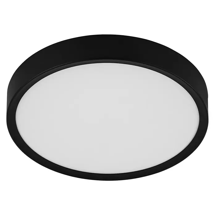 Eglo LED-Deckenleuchte rund GIGLIO - 14,6 W, Ø x H: 34 x 6 cm, Schwarz, Warmweiß - Ein minimalistische Deckenleuchte in Schwarz mit einem runden, weißen Diffusor, die für moderne Innenräume geeignet ist.