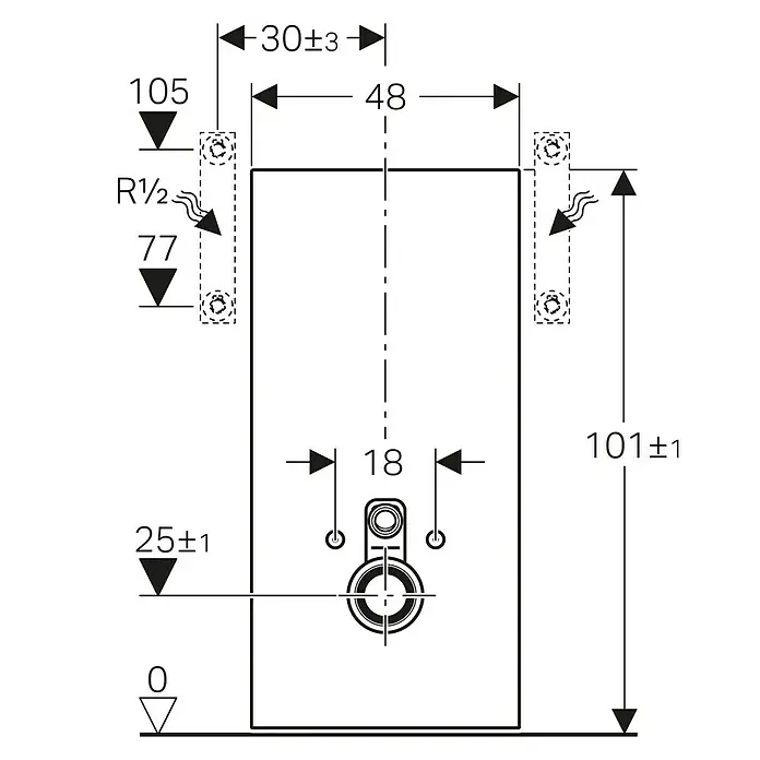 Geberit Sanitärmodul für Wand-WC Monolith - 131.022.SI.5 - 2-Mengen-Spülung, 10,6 x 48,2 x 101 cm, Weiß - Technische Zeichnung eines Sanitärprodukts mit Maßangaben, inklusive Details zu Anschlüssen und Montagepunkten.