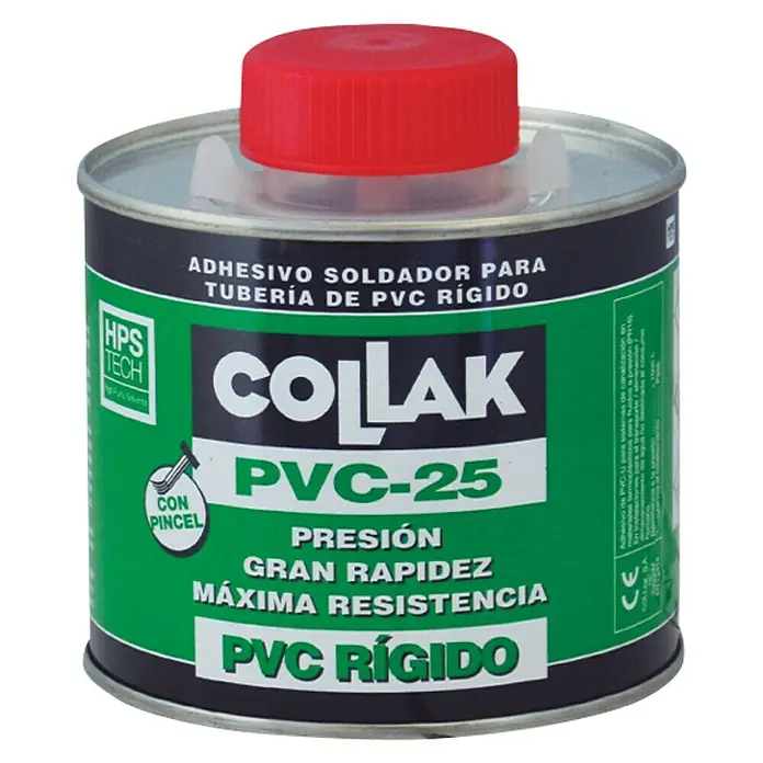 Collak Adhesivo PVC 25 - 0,5 l - Bote de adhesivo Collak PVC-25, adecuado para tuberías de PVC rígido, con tapa roja y etiqueta con información del producto.