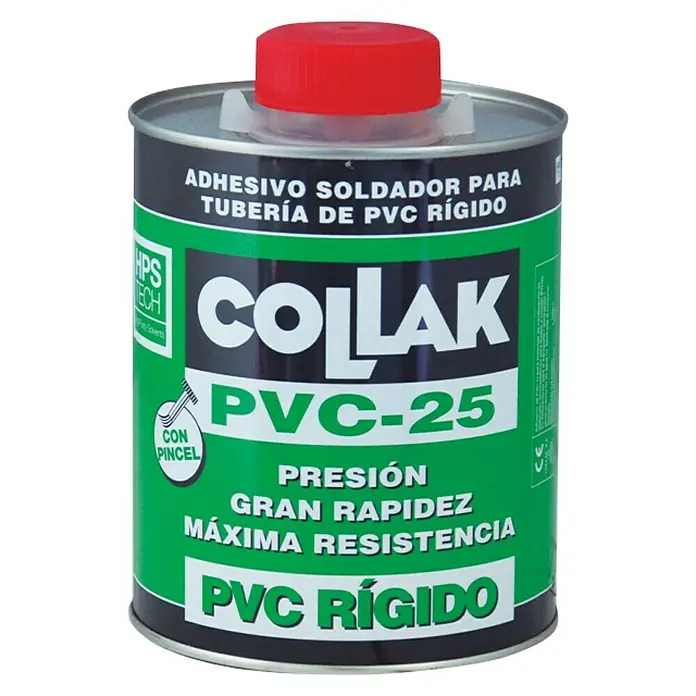 Collak Adhesivo PVC 25 - 1 l - Una lata de adhesivo Collak PVC-25, ideal para soldar tuberías de PVC rígido, ofrece alta resistencia a la presión y resultados rápidos.