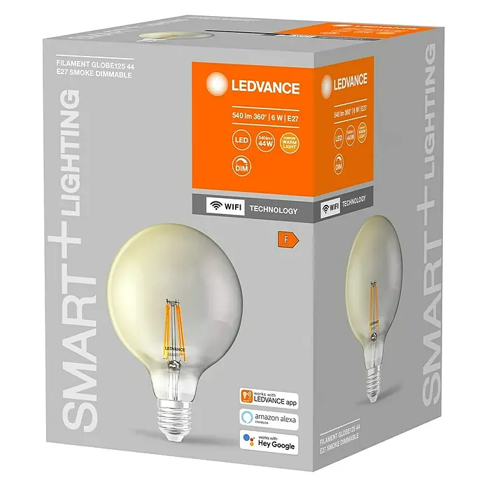Ledvance Smart+ WiFi Bombilla LED Vintage Globo Smoke - E27, Blanco cálido, 540 lm, 6 W - Vista del paquete de la bombilla LEDVANCE Smart+ Filament Globe125 44 E27 Smoke Dimmable, controlable con WiFi y aplicaciones.
