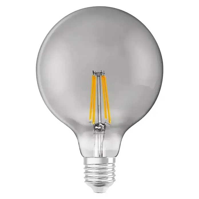 Ledvance Smart+ WiFi Bombilla LED Vintage Globo Smoke - E27, Blanco cálido, 540 lm, 6 W - Primer plano de una bombilla LED decorativa con vidrio transparente y filamentos visibles, sobre fondo negro.