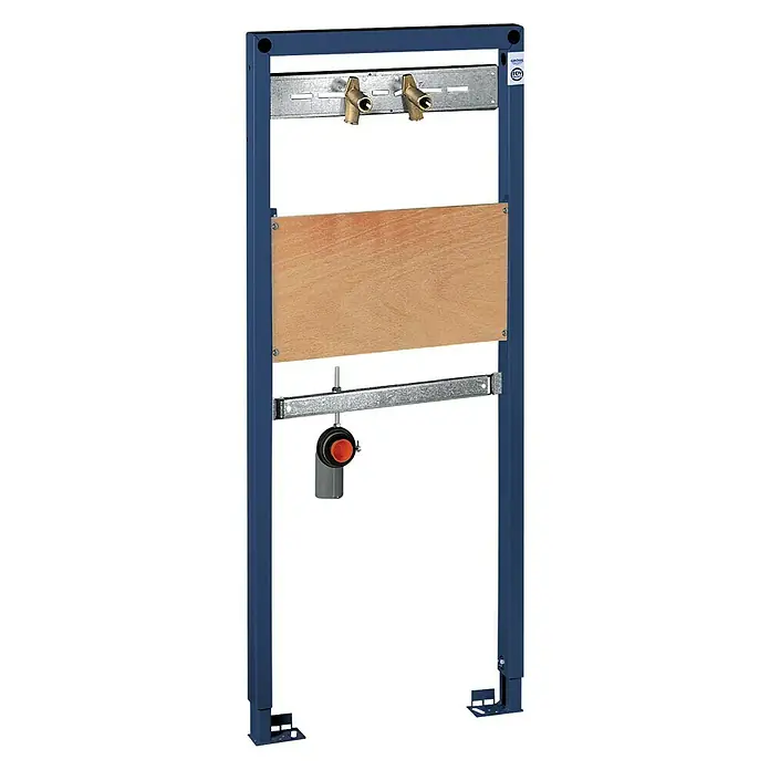 Grohe Rapid SL Befestigungselement - 7,5 x 50 x 128,5 cm, Geeignet für: Ausgussbecken - Einbau-WC-Vorwandelement zur Installation einer wandhängenden Toilette mit blauem Rahmen und Befestigungen.