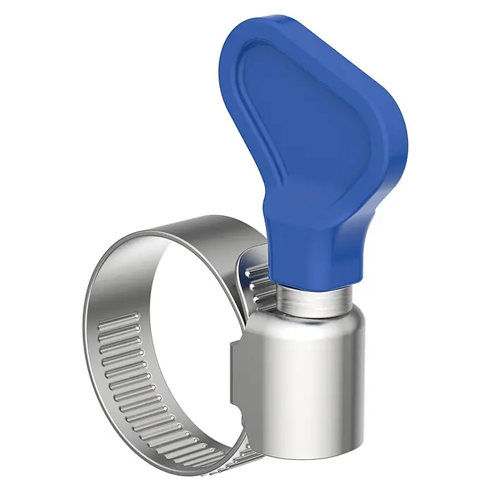 Schlauchklemme - Edelstahl, Längenverstellung: 23 mm - 35 mm - Nahaufnahme einer Schlauchschelle mit blauem Knebelgriff. Das Metallband ist perforiert, um die Größe anzupassen.