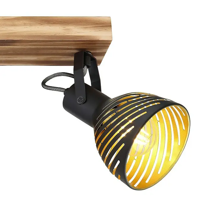 Globo Deckenstrahler LENNA - 40 W, L x B x H: 54 x 12,5 x 25 cm, E27, 3 Stk. - Nahaufnahme einer stilvollen schwarzen Wandleuchte mit goldenem Innenraum, montiert auf einem Holzsockel für moderne Beleuchtung.