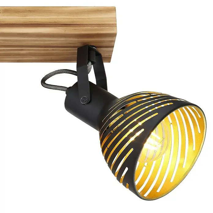 Globo Deckenstrahler LENNA - 40 W, L x B x H: 30 x 12,5 x 25 cm, E27, 2 Stk. - Nahaufnahme einer stilvollen, mattschwarzen Deckenleuchte mit goldfarbener Innenseite und Holzsockel, die modernes Design verkörpert.