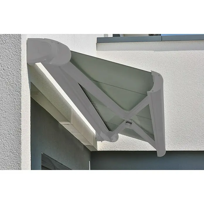 Deyo Limassol Vollkassettenmarkise - Blau/Grün, Farbe Gestell: Weißaluminium Feinstruktur, Breite: 4 m, Ausfall: 3,5 m - Nahaufnahme einer ausfahrbaren Markise, die an einer Hauswand befestigt ist und Schatten spendet.