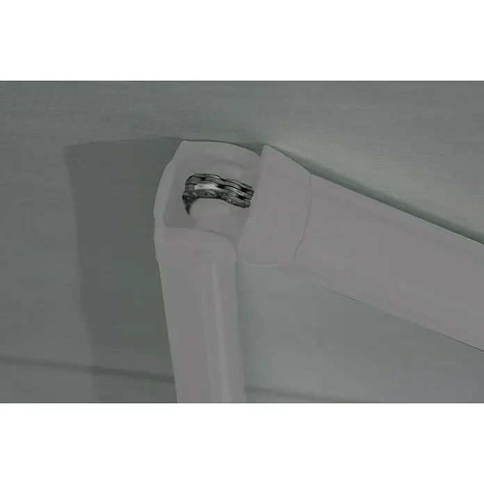 Deyo Limassol VollkassettenmarkiseBeige meliert, Farbe Gestell: Weißaluminium Feinstruktur, Breite: 3,5 m, Ausfall: 3 m - Detailaufnahme eines weißen Gelenkarm-Markisengelenks, das eine stabile und langlebige Konstruktion für den Sonnenschutz zeigt.