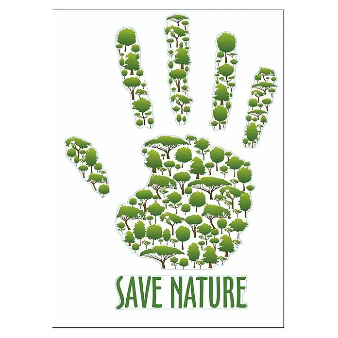 Vinilo de pared Save Nature - 48 x 68 cm, Verde, Plástico - Huella de mano simbólica hecha de árboles, instando a la conservación de la naturaleza. El mensaje "Save Nature" subraya la protección ambiental.